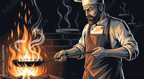 Artistic depiction of a chef cooking over a wood fire with flaming flare