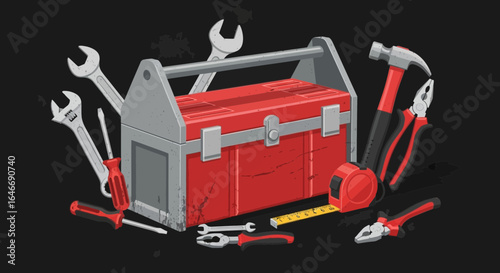 Assorted home improvement instruments surrounding a vintage toolbox illustration