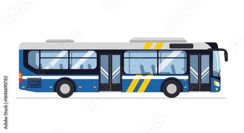Side view of a modern, blue city bus with yellow accents, showing passenger compartments and windows.