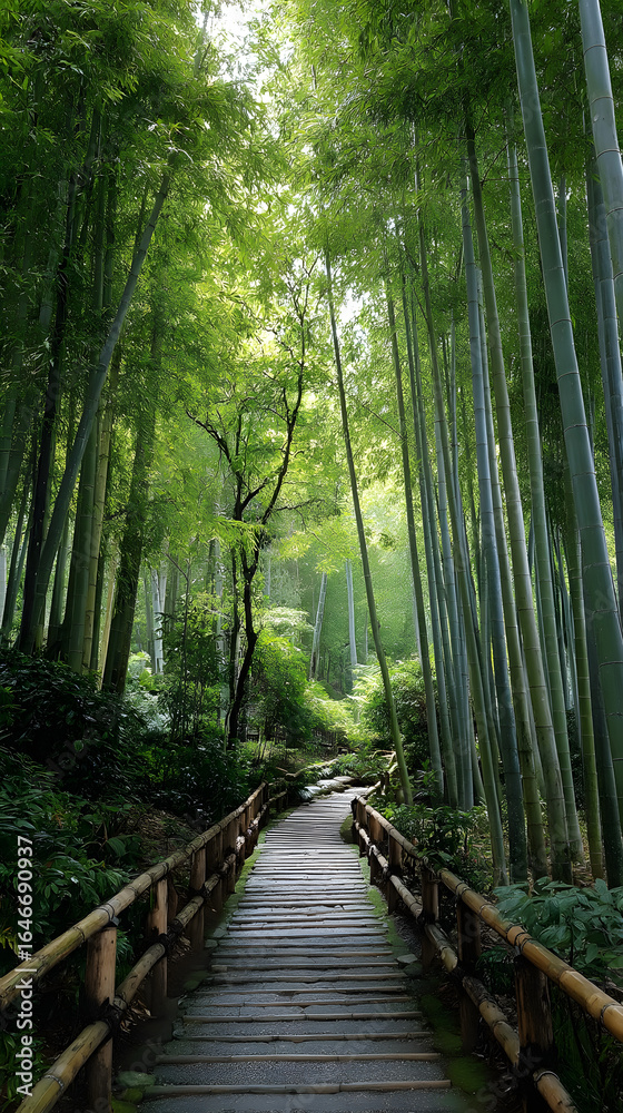 Obraz premium Tranquil Pathway Through Lush Bamboo Forest in Serene Natural Setting