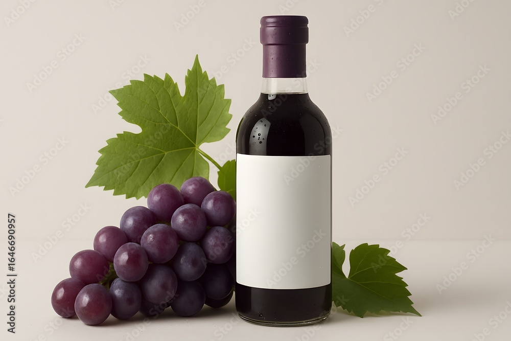 Obraz premium Grape Juice Bottle with Purple Grapes and Green Leaves on White Background