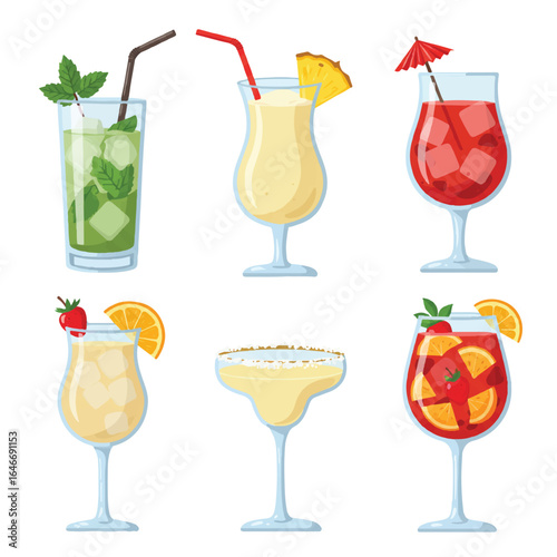 Vibrant flat vector set of popular tropical cocktails: refreshing mojito, creamy pina colada, tangy margarita, sweet daiquiri, and fruity sangria, isolated on a clean white background.
