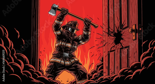 Brave firefighter smashing through burning door with axe in emergency situation
