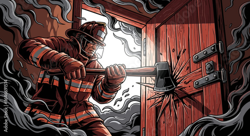Brave firefighter breaching door amid smoke-filled inferno illustration