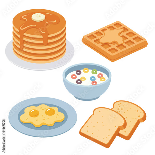 A flat vector set of delicious breakfast foods, including pancakes, waffles, scrambled eggs, toast, and a cereal bowl, isolated on a clean white background.