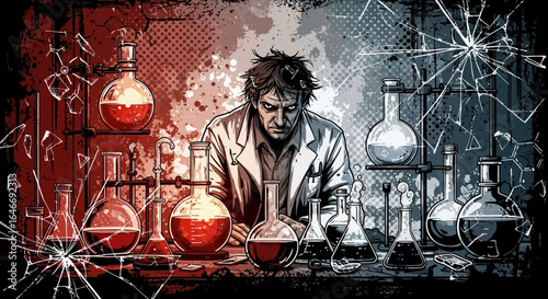 Cartoonish portrayal of a scientist amidst laboratory equipment and shattering glass