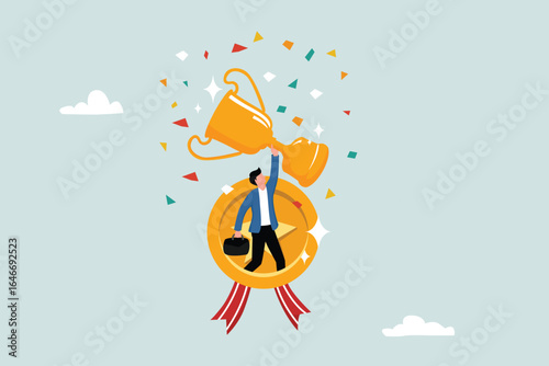 The concept of achievement or award of best quality service, high performing staff, business people get winning trophies and high quality badges.