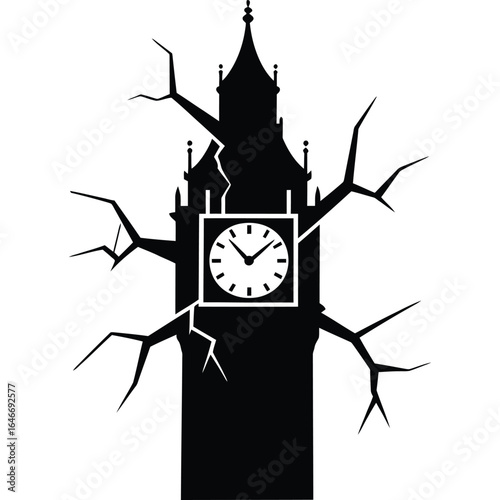 Silhouette of big ben clock tower with tree branch extensions in a minimalist black and white design