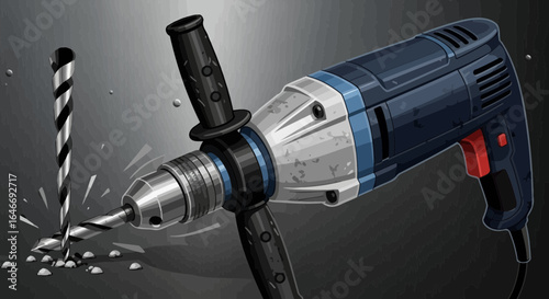 Detailed illustration featuring a power drill boring a hole in a surface