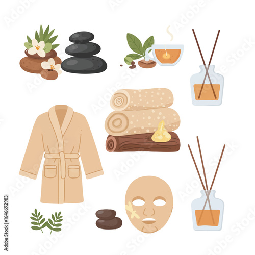 Flat vector spa accessories set with massage stones, a cozy bathrobe, soothing herbal tea, a revitalizing facial mask, and a modern aroma diffuser, isolated on a clean white background.