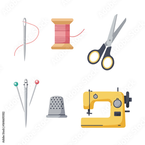 Flat lay illustration of sewing tools and equipment on white background