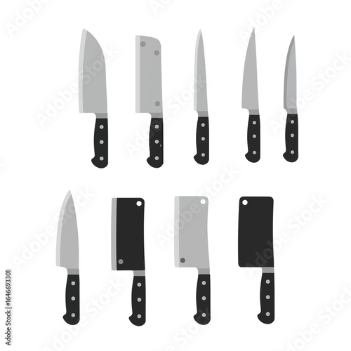 Flat vector kitchen knives set, featuring chef's, paring, bread, cleaver, and carving knives, cleanly isolated on a pristine white background, essential culinary tools.