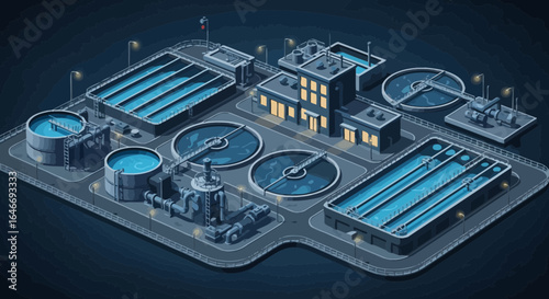 Detailed Isometric Illustration of a Futuristic Wastewater Treatment Plant