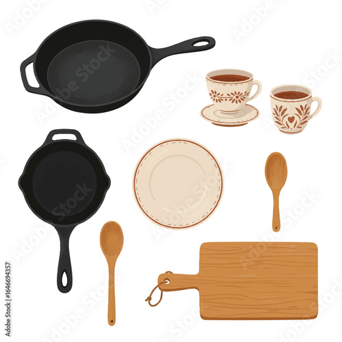 A charming collection of rustic kitchenware items, including a cast iron pan, wooden spoon, ceramic plate, teacup, and cutting board, neatly arranged on a clean white background.