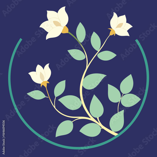 Stylized floral design with white flowers and green leaves on a dark blue background