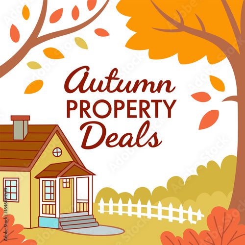 Illustration of a house with autumn leaves and trees promoting autumn property deals and real estate sales