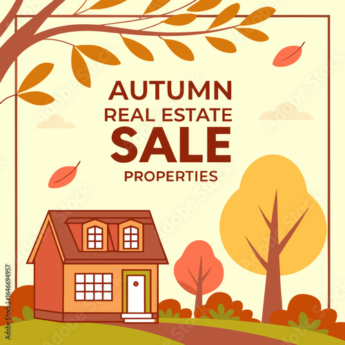 Illustration of a house with autumn leaves and trees advertising an autumn real estate sale of properties