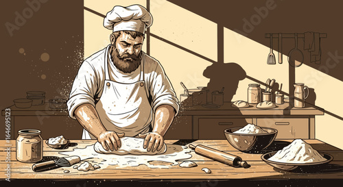 Illustration of a Baker Kneading Dough in a Rustic Kitchen Setting