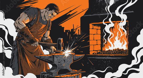 Illustration of a blacksmith forging metal with hammer and anvil near furnace