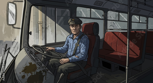 Illustration of Tired Bus Driver in Old Vehicle with Sad Expression