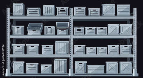 Illustration of Warehouse Shelves Stacked with Grey Wooden Crates