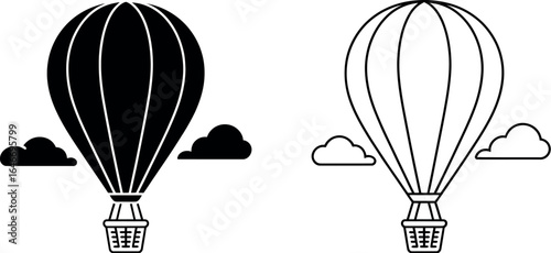 Two hot air balloons with baskets and clouds in black and white simple vector illustration style