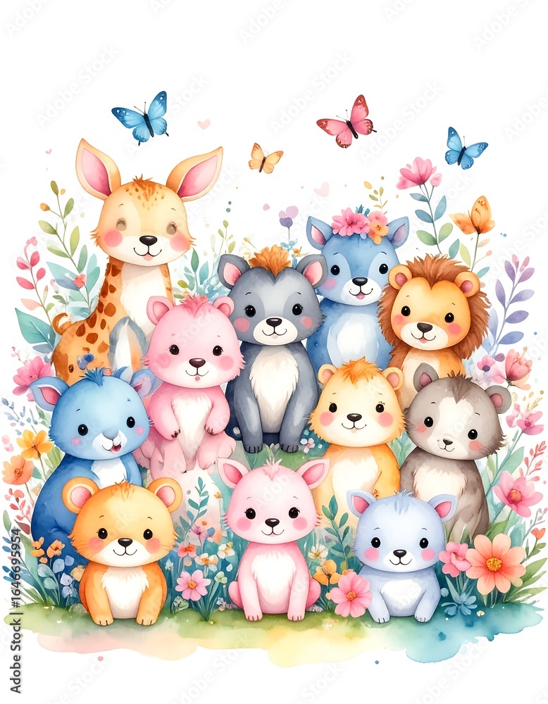 Obraz premium Watercolor painting of cute baby animals in a garden