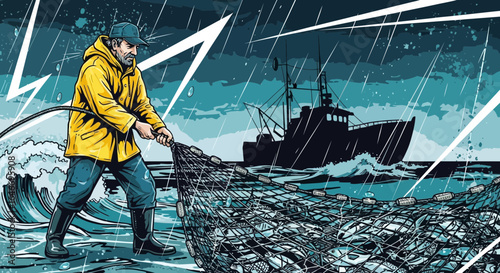 Illustration showcasing a determined fisherman pulling a full net in stormy weather