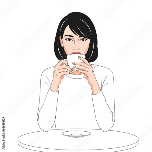 Vector illustration of woman enjoying a cup of coffee at a table, relaxing moment