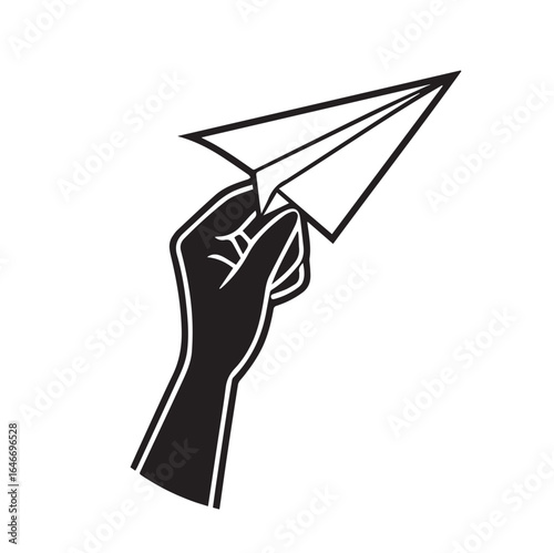A stylized black and white illustration of a hand holding a paper airplane ready to launch it into the air