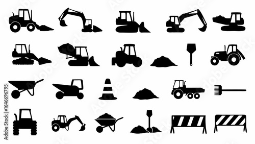 Illustration showcasing various construction equipment and tools in black silhouette against white background