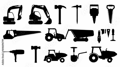 Illustration of various construction and agricultural equipment and tools in black silhouette on white background