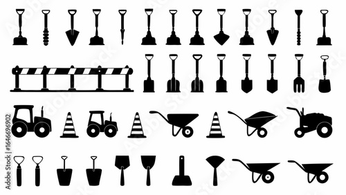 Illustration of construction equipment including shovels tractors wheelbarrows and safety cones in black and white silhouette