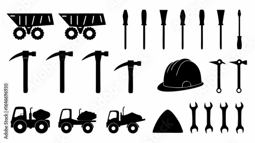 Illustration showing construction vehicles, tools, and a hard hat in a black and white design silhouette