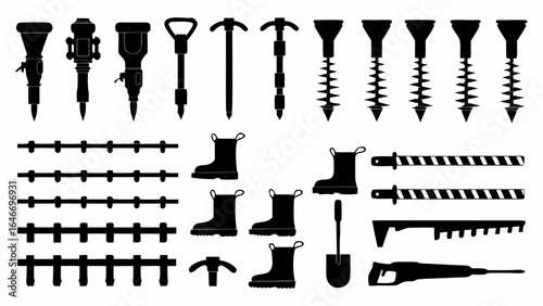Illustration of construction tools including jackhammers, fences, boots, shovel and various saws in black silhouette