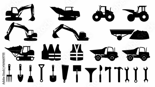 Illustration of various construction vehicles and tools including excavators, trucks, and safety vests silhouette