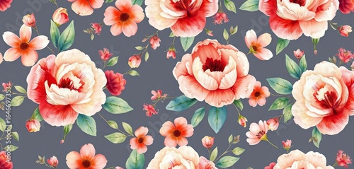 Delicate hand-painted watercolor floral seamless pattern , wedding, red