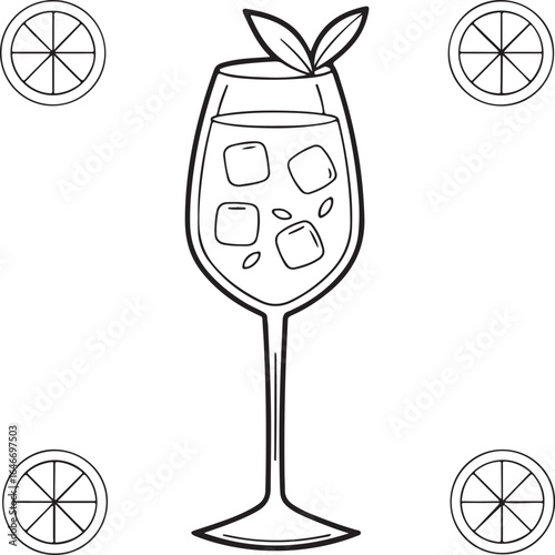 A refreshing outline drawing of a tall glass filled with ice cubes and garnished with leaves surrounded by stylized orange slices