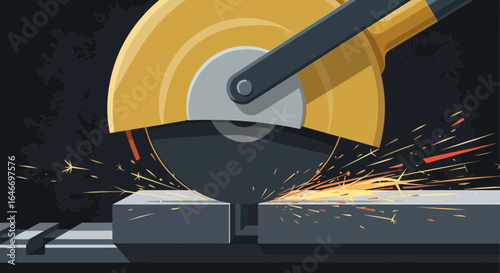 Metal saw cutting steel bar with sparks illustrating industrial process