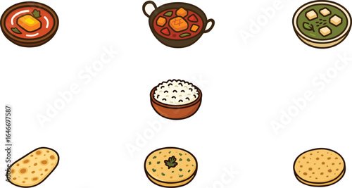 Paneer Dishes Vector Set - Butter Paneer, Kadai Paneer, Palak Paneer with Indian Breads and Rice
