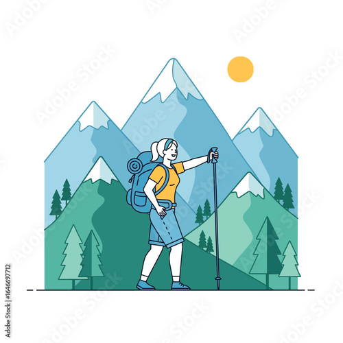 Vector illustration of woman hiking with a backpack and trekking pole in the mountains