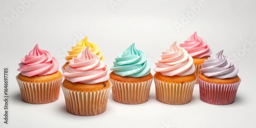 Six pastel cupcakes arranged on white, high-resolution studio shot, delicious food, delicious