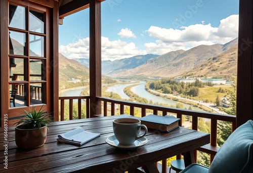 Wooden balcony workspace overlooking river & mountains; coffee , drink, sun