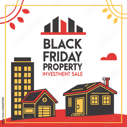 Black friday property investment sale promotion featuring buildings and houses in a decorative frame design