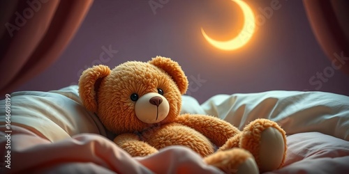Soft brown teddy bear nestled in a cozy bed, crescent moon shining gently,  home,  blanket