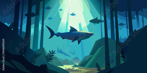 silhouette-of-a-shark-in-the-distance-under-the-ocean-wallpaper-eerie 