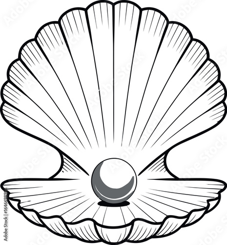 A black and white line drawing of an open seashell with a pearl inside on a white background graphic
