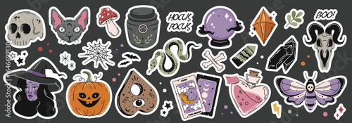 Halloween magic stickers in style 90s. Big set of hand drawn doodle. Skull, pumpkin, witch, potion, black cat. Spooky scary patches collection.