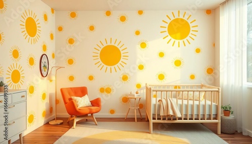 Modern nursery with yellow sun wall pattern, armchair, and bed, background, geometric