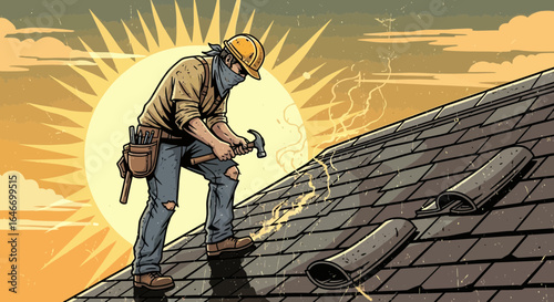 Retro Style Roofer at Work with Rising Sun Vintage Construction Scene